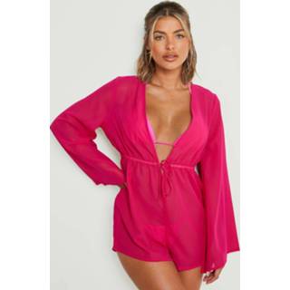 Rompertje roze s Strand Romper Met Laag Decolleté, Strik En Lange Mouwen, Pink