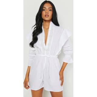 👉 Tall Katoenen Poplin Romper Met Franjes, White