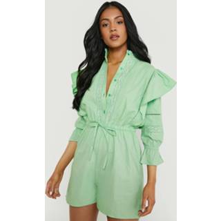 👉 Tall Katoenen Poplin Romper Met Franjes, Pistachio