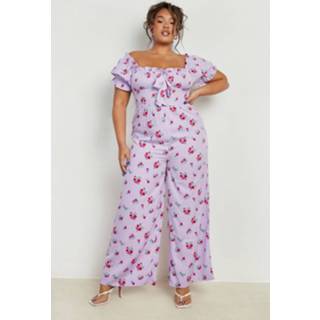 👉 Jumpsuit lilac Plus Wide Leg Bloemen Met Engelenmouwen,