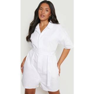 👉 Rompertje wit Plus Denim Romper Met Kraag En Ceintuur, White