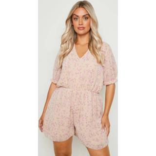 👉 Plus Geweven Dobby Bloemen Romper, Nude