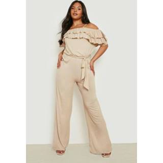 👉 Plus Off Shoulder Wide Leg Jumpsuit Met Ruches, Stone