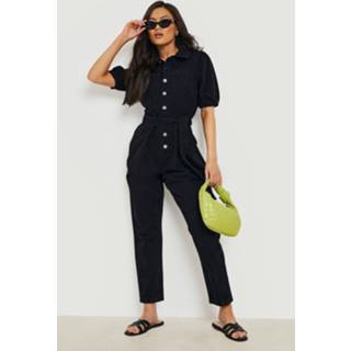 👉 Jumpsuit zwart Denim Met Pofmouwen En Knopen, Black