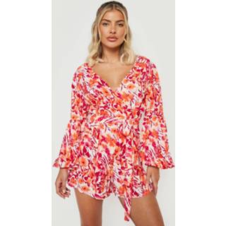 👉 Bloemen Wikkel Romper Met Ballonmouwen, Orange