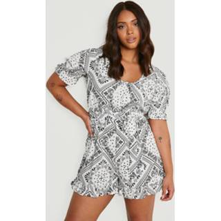 👉 Plus Geweven Sjaal Print Romper, White