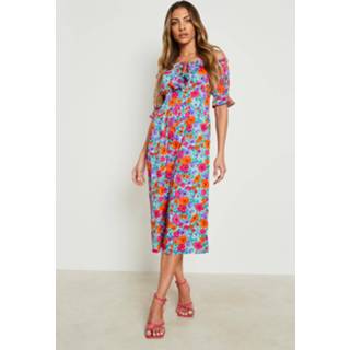 👉 Off Shoulder Bloemen Culotte Jumpsuit Met Geplooide Buste, Blue