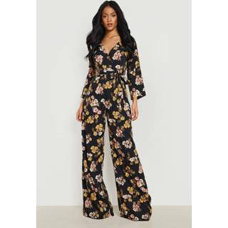 👉 Tall Bloemen Wikkel Jumpsuit Met Ceintuur, Black