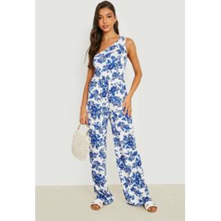 👉 Porselein Print Jumpsuit Met Eén Blote Schouder, Blue