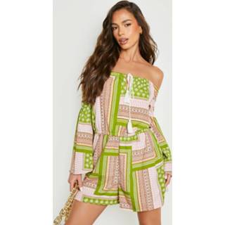 👉 Sjaal Print Off Shoulder Romper Met Wijde Mouwen, Green