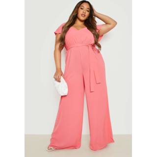 👉 Plus Gelegenheids Jumpsuit Met Engelenmouwen En Ceintuur, Coral