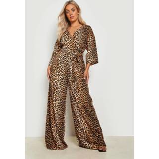 👉 Plus Luipaardprint Wikkel Jumpsuit Met Ceintuur, Brown