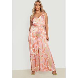 👉 Jumpsuit oranje Plus Wide Leg Met Abstracte Print En Ceintuur, Orange