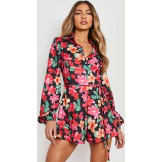 👉 Bloemen Romper Met Blouse Top Ceintuur, Black