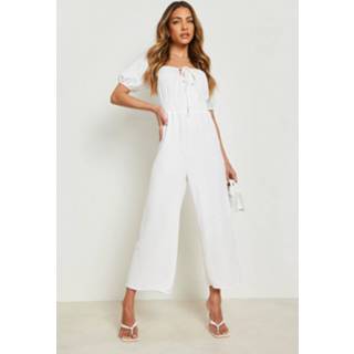 👉 Jumpsuit wit linnen Look Culotte Met Pofmouwen, White 1154117316