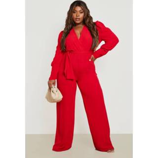 👉 Plus Geweven Jumpsuit Met Pofmouwen En Ceintuur, Red