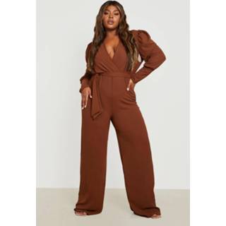 👉 Plus Geweven Jumpsuit Met Pofmouwen En Ceintuur, Chocolate