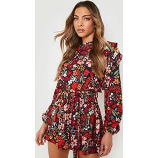 👉 Rompertje zwart Bloemen Romper Met Ruches En Lange Mouwen, Black