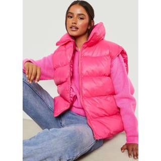 Oversized Gewatteerde Jas Met Hoge Kraag, Hot Pink