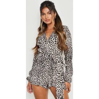 👉 Plisse Luipaardprint Romper Met Ceintuur, Black