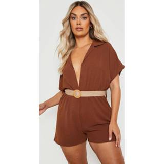 👉 Plus Raffia Romper Met Ceintuur, Chocolate