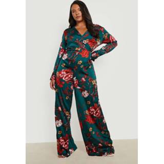 👉 Plus Bloemen Wikkel Wide Leg Jumpsuit, Green