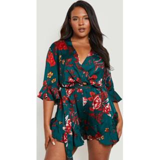 👉 Plus Bloemen Wikkel Romper Met Laag Decolleté, Green