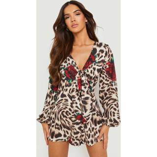 👉 Luipaardprint Rozen Romper Met Strik, Brown