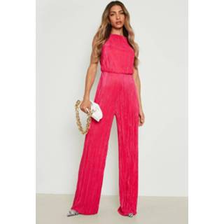 👉 Plisse Geplooide Jumpsuit Met Split, Hot Pink