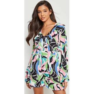 👉 Abstracte Geweven Romper Met Ruches, Black