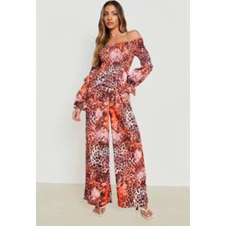 👉 Dierenprint Off Shoulder Wide Leg Jumpsuit, Rust