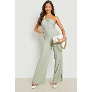 👉 Jumpsuit kaki washed khaki Gekreukelde Met Eén Open Schouder En Rechte Pijpen,