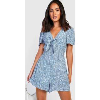 👉 Zwierige Bloemen Romper Met Strik, Blue