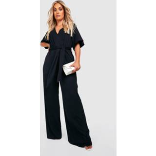 👉 Plus Wide Leg Jumpsuit Met Ceintuur En Laag Decolleté, Black