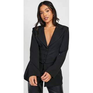 👉 Petite Geweven Blazer Met Korset Detail, Black