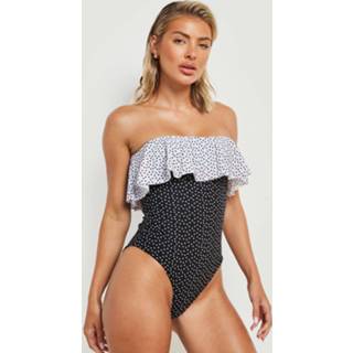 👉 Contrasterend Bandeau Badpak Met Franjes En Stippen, Black