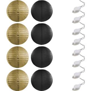 👉 Lampion zwart gouden Setje van 8x stuks luxe zwart/gouden bolvormige party lampionnen 35 cm met lantaarnlampjes