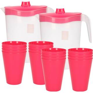 👉 Drinkbeker roze kunststof 16x drinkbekers 430 ML met 2x stuks schenkkannen set van 2.5 liter