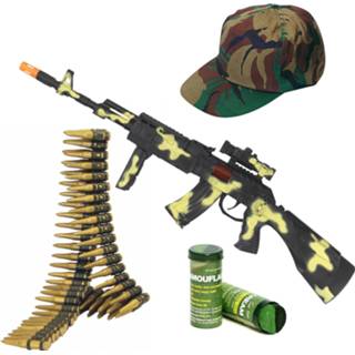 👉 Geweer volwassenen Soldaten/militairen camouflage 59 cm met kogelriem, pet en schminkstift volwassene