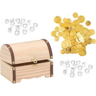 👉 Schatkist houten plastic gouden kinderen piraten 15 x 10 cm met 100x geld munten en edelstenen