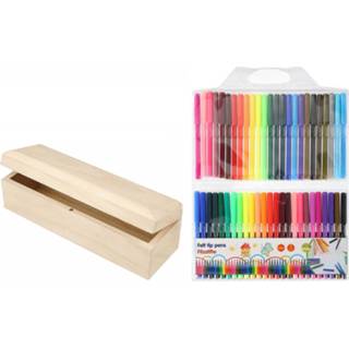 👉 Stift houten tekenen stiften opbergdoosje 20 x 6 cm met 50x gekleurde viltstiften
