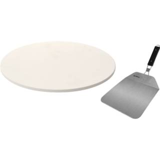 👉 Pizzasteen keramiek RVS rond 33 cm met handvaten incl. pizzasnijder en inklapbare pizzaschep 25