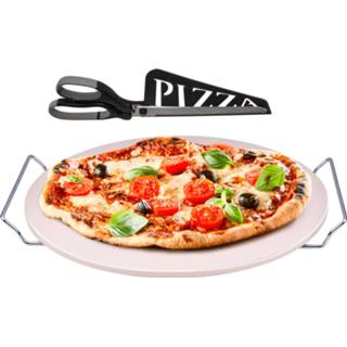 👉 Pizzasteen zwarte keramiek BBQ/oven rond 33 cm met handvaten en pizzaschaar