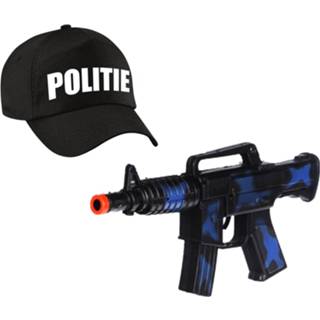 👉 Politiepet zwart kinderen Carnaval verkleed speelgoed voor met machinegeweer 27 cm