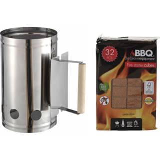 👉 Handvat RVS houten Barbecue briketten starter met 27 x 17 cm 32x BBQ aanmaakblokjes