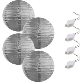 👉 Lampion zilveren Setje van 4x stuks luxe bolvormige party lampionnen 35 cm met lantaarnlampjes