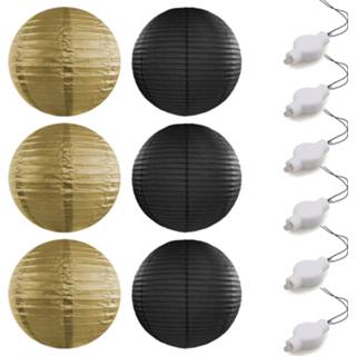👉 Lampion zwart gouden Setje van 6x stuks luxe zwart/gouden bolvormige party lampionnen 35 cm met lantaarnlampjes