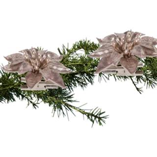 Kerstboom roze 2x stuks bloemen kerstster glitter op clip 9 cm