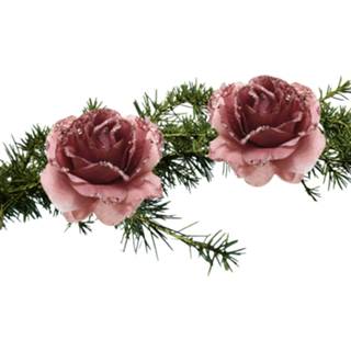 👉 Kerstboom roze 2x stuks bloemen op clip oud 14 cm