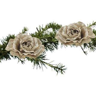 👉 Kerstboom 2x stuks bloemen roos champagne glitter op clip 10 cm